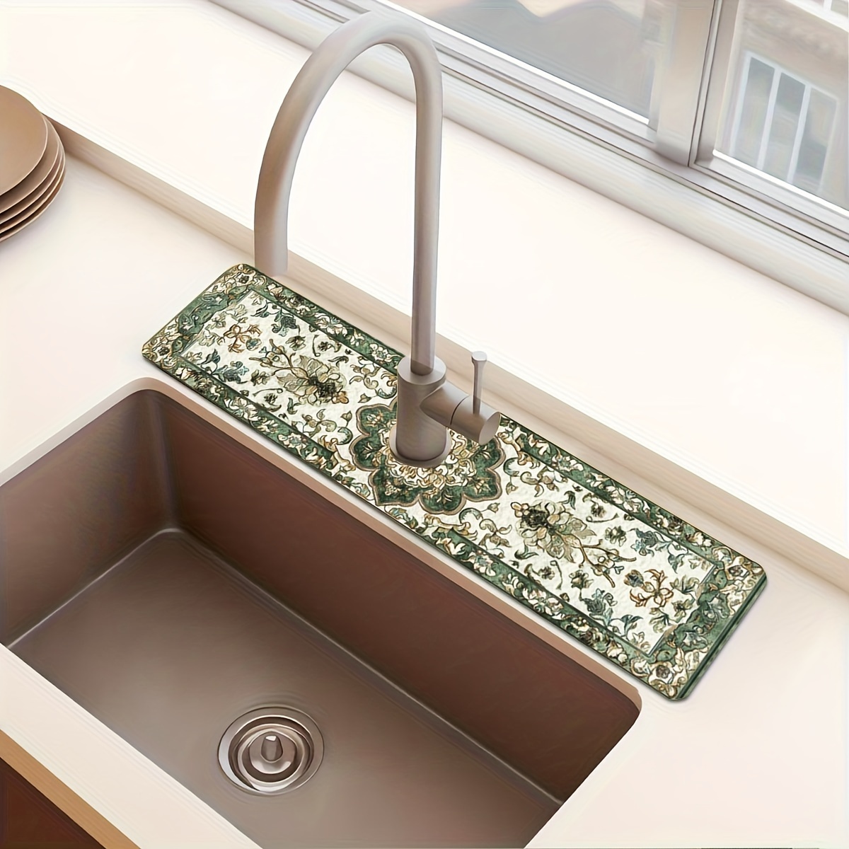 TEMU 1pc Bohemian Green Pattern Drain Mat, Durable Polyester, Kitchen And Table Additions, Bathroom Decor, Sink Toilet Decor, Holiday Decor, Unique