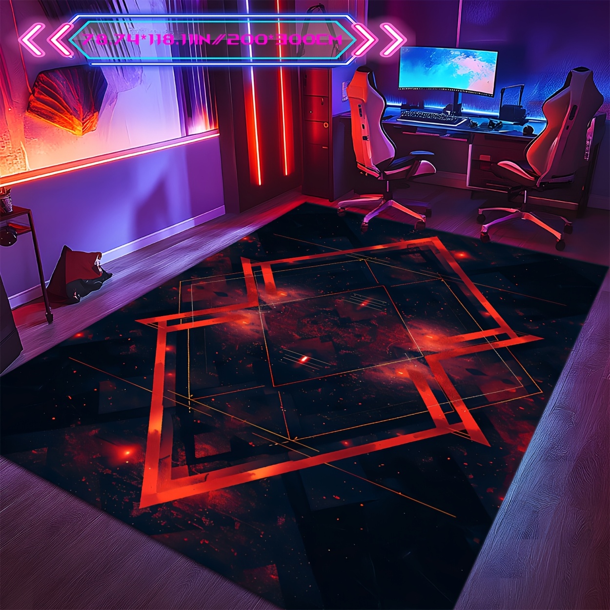 TEMU Cool Tech Black And Red Geometric Pattern Carpet | Multi-scene Suitable For Gaming Rooms, Computer Areas, Bars, Living Rooms, , Door Mats,