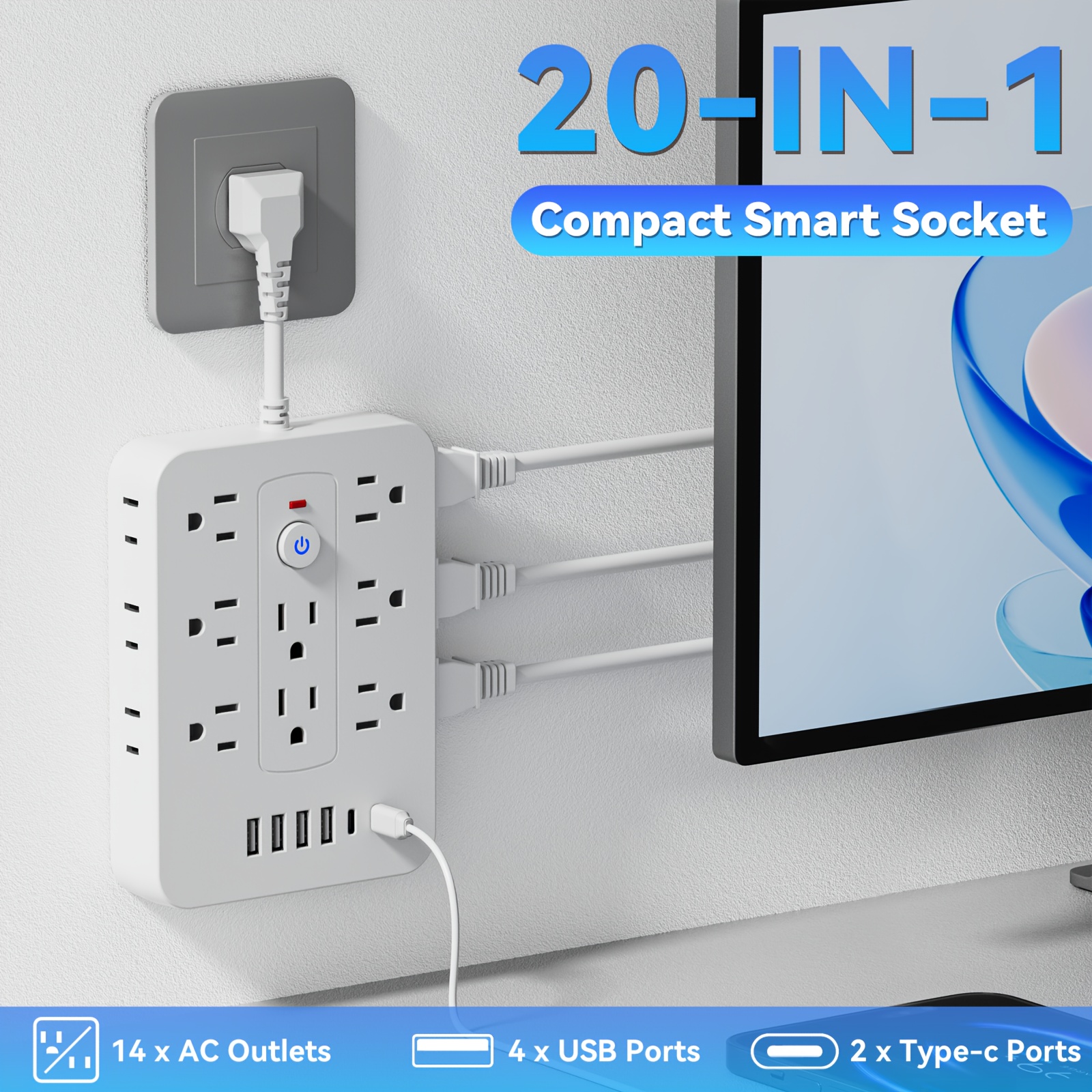 

Compact And To Carry, 20-in-1 , 14 Ac Outlets, 4 Usb , 2 Type-c , Short Cable, Side , Protection, Indicator Light, Wall Mountable, Suitable For Home, Travel, Hotel, School