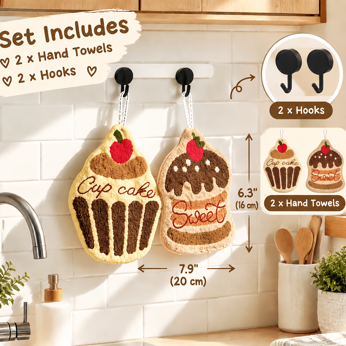 TEMU 4pcs Set: Cute Cake-shaped Hand Towels (2pcs) With , Super Absorbent Soft Plush Hanging Kitchen Towels, Reusable Decorative Dish Cloths For