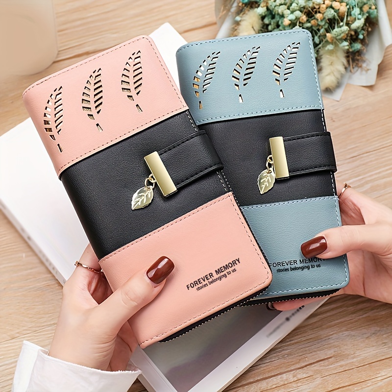 

Classic Colorblock Hollow Leaves Pattern Long Wallet, Trendy Large Capacity Coin Purse For Women