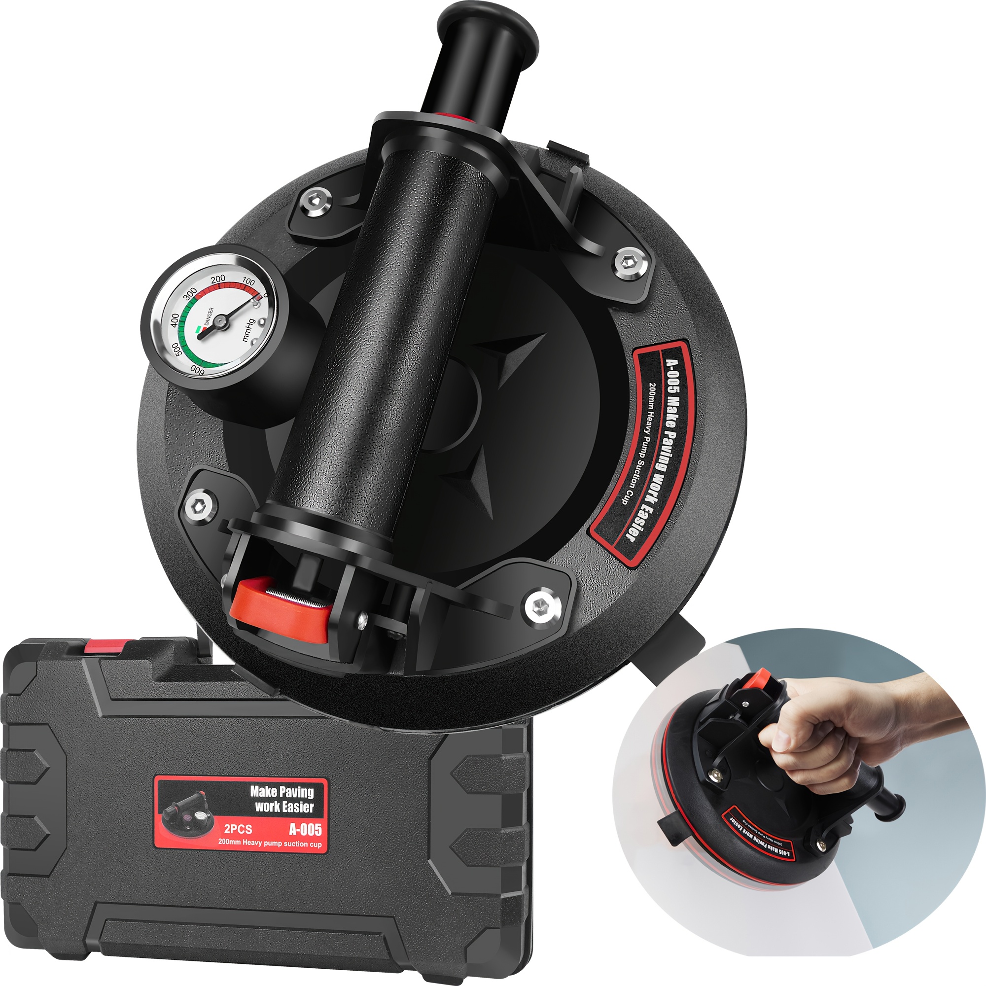 Image of 8-inch Tile Suction Cup Lifter With Pressure Gauge, 440lbs/200 Kg Load Capacity, Heavy Duty Glass Vacuum Suction Cup For Replacing Car Windshields, Tiles, Granite, And Floors - 2pcs