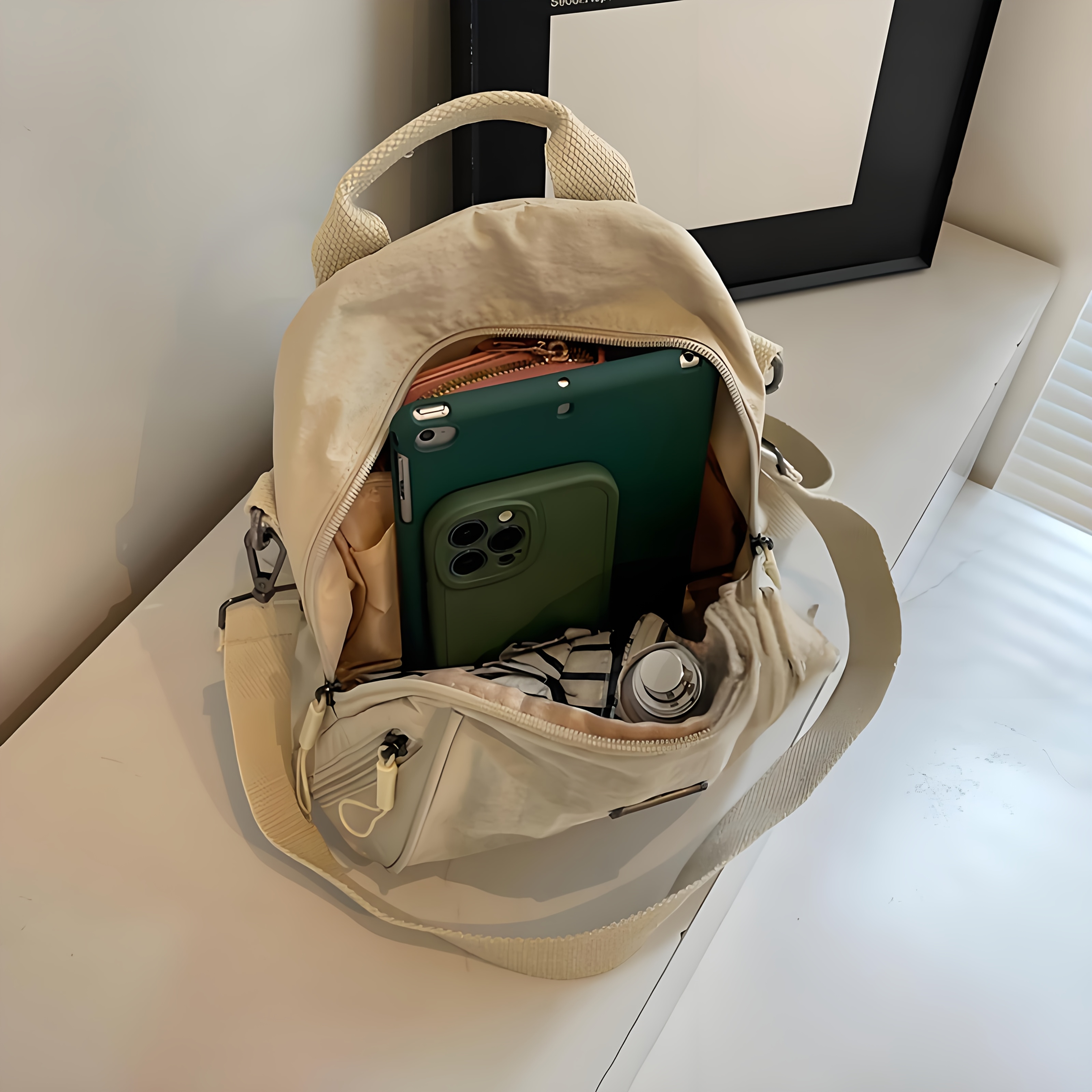 Mochila de viaje para comutadores de gran capacidad - Elegante bolso de hombro beige con múltiples compartimentos, se adapta a portátiles de 8 pulgadas, poliéster duradero, cierre con cremallera, perfecta para el trabajo o viajes, mochila para viajes, bolso versátil, accesorio moderno, construcción sólida, compartimentos amplios.