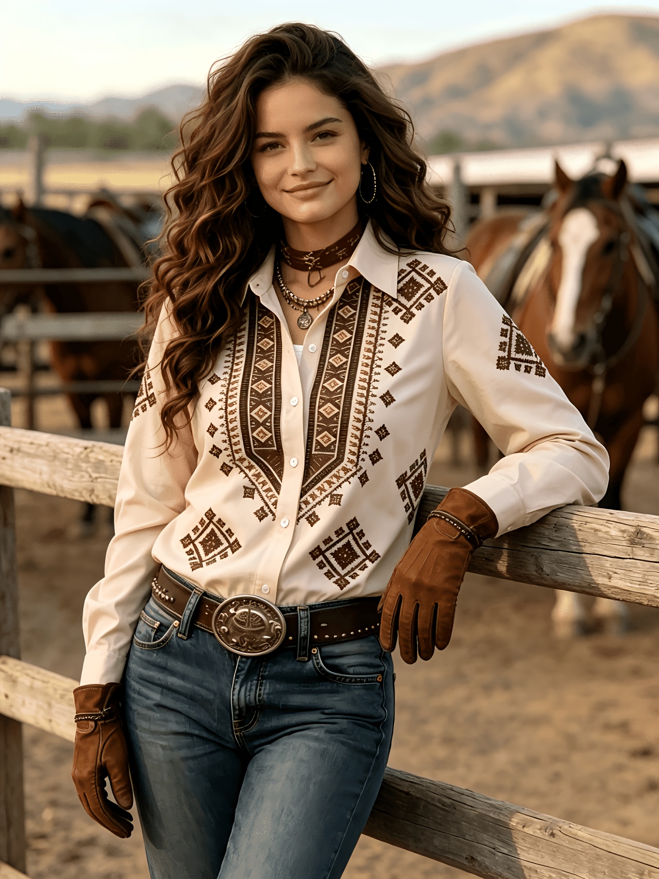 womens western cowboy style geometric print shirt vintage color block lapel casual long sleeve top