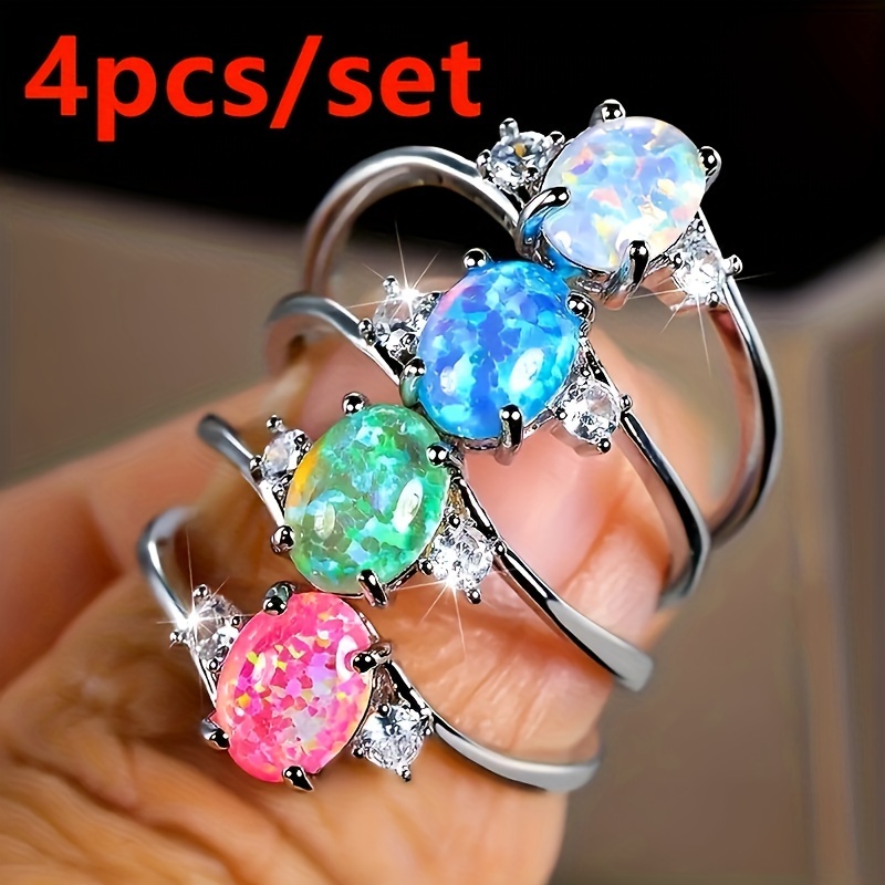 

4pcs/set Exquisite, Elegant, Fashionable, High-quality Oval Artificial Opal Ring, Classic Groom And Bride Engagement Ring, Birthday Party Anniversary Gift, Cute Girl Ring For Girlfriend