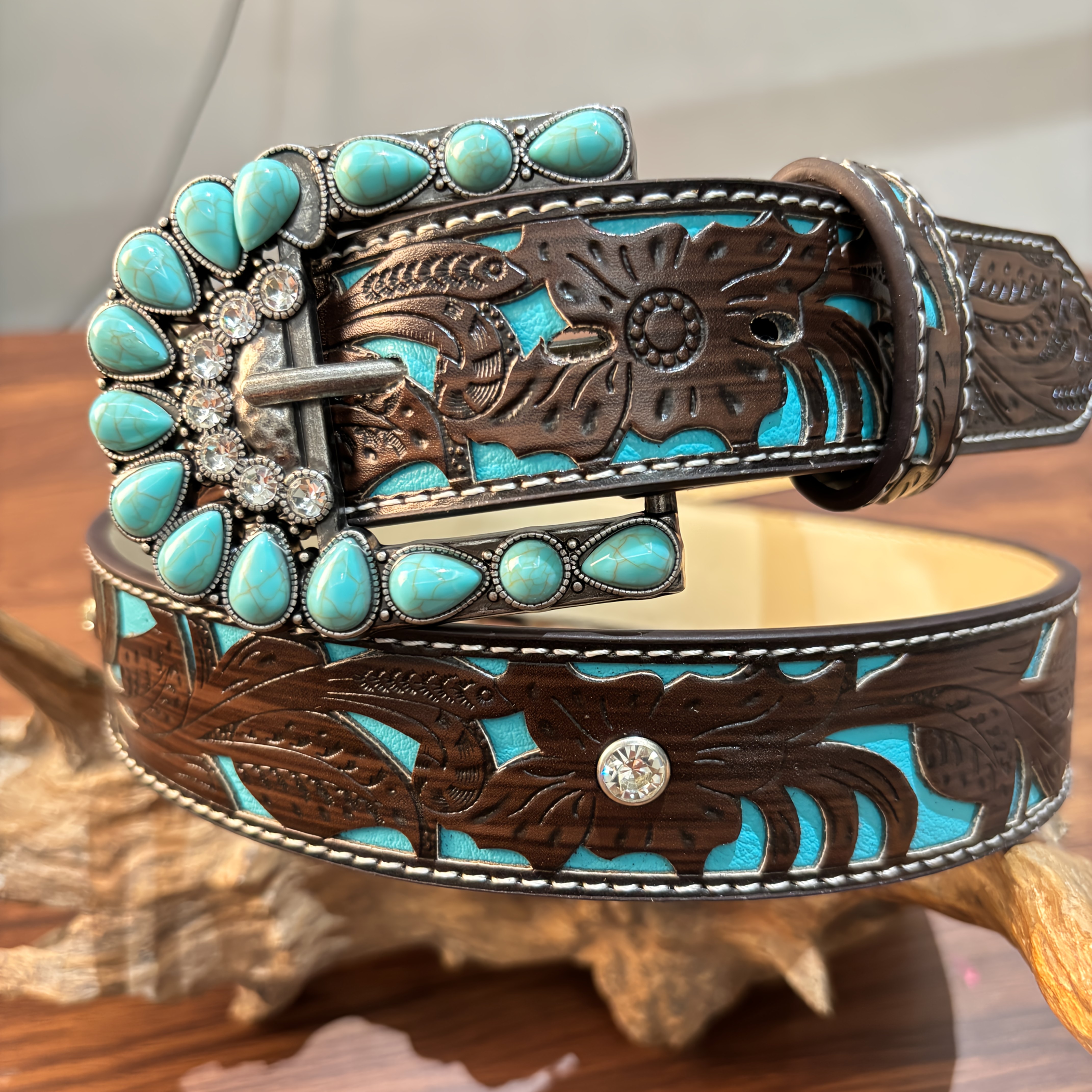 1ps Western belt with hollowed-out print for women, detachable buckle