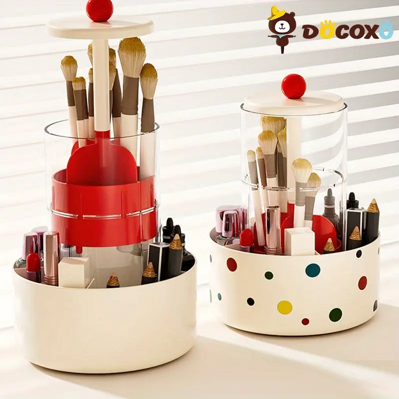 360 rotating makeup brush holder automatic lift spin dustproof countertop organizer lightweight plastic cosmetic storage box no power needed portable bathroom vanity organizer with independent counting makeup vanity desk design material Product details 0