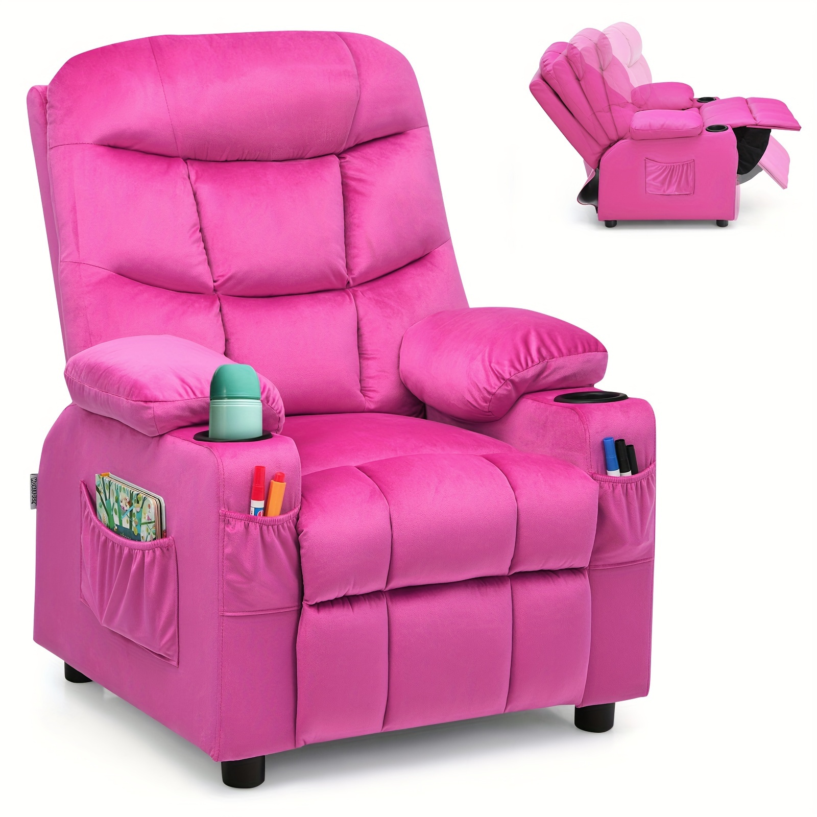 Girls' Pink Velvet Recliner Chair with Cup Holder
