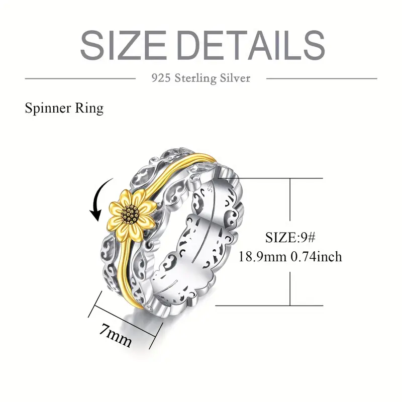 11 12 sunflower fidget rings for anxiety 925 sterling silver sunflower spinner rings for women worry ring anti stress mood rings gifts band wide Product details 5