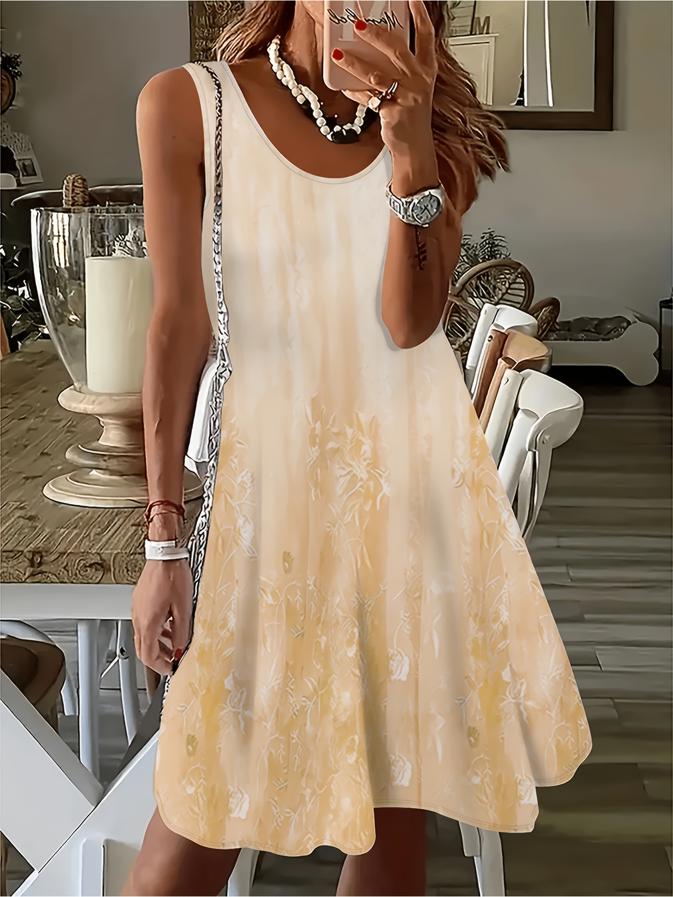 Plus Size Women's Sleeveless A-Line Dress Tropical Leaf Print Gradient  Color Casual Summer Dress, Machine Washable Round Neck Short Skirt for  Spring