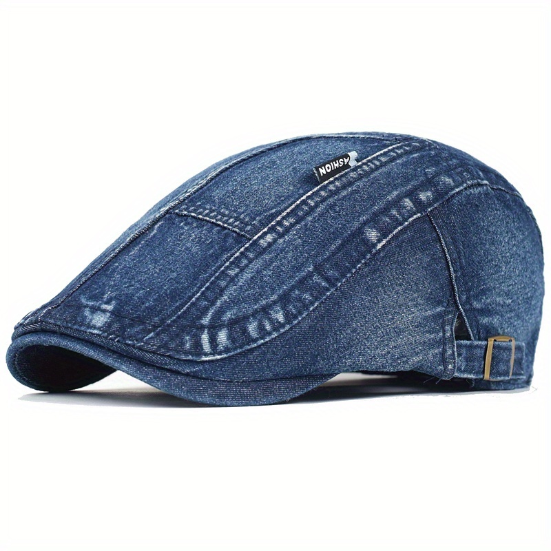 Image of Big & Tall Beret Hat - Washed Distressed Adjustable Cap With Peaked Flat Crown, Vintage Casual Solid Color Hat For