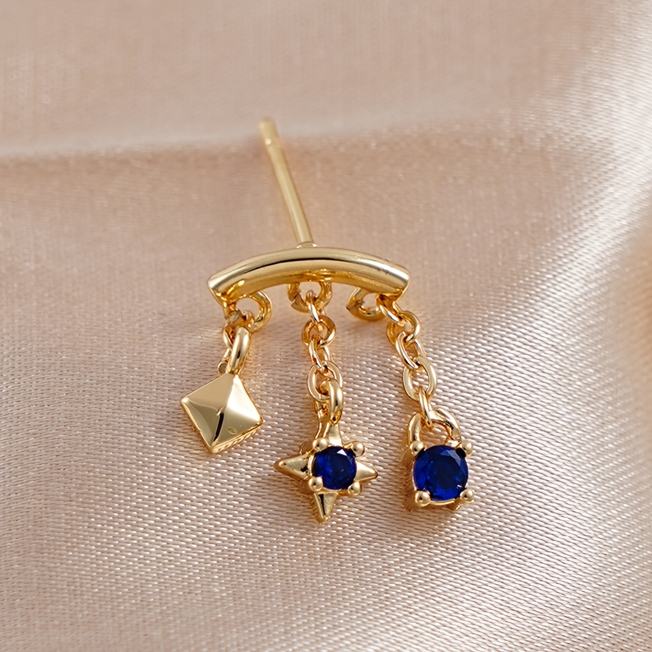 TEMU 1pc Stylish Star And Circle Pendant Stud Earrings, Exquisite Blue Synthetic Synthetic Zirconia Tassel Earrings, Suitable For Women's Vacation,