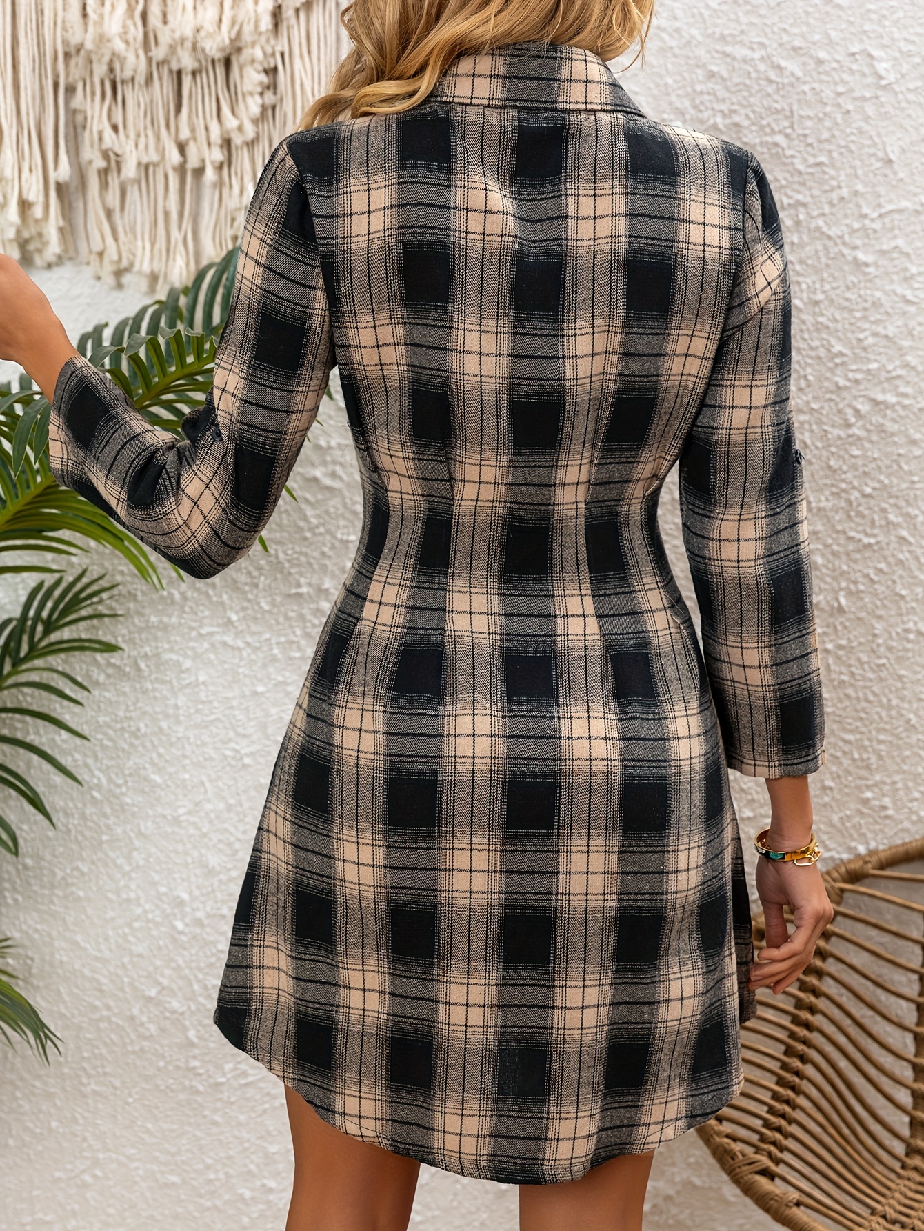 Women's Elegant Vintage Shirt Dress Black White Checkered Button-Up  Collared Long Sleeve Dress, 95% Polyester 5% Spandex, Machine Washable