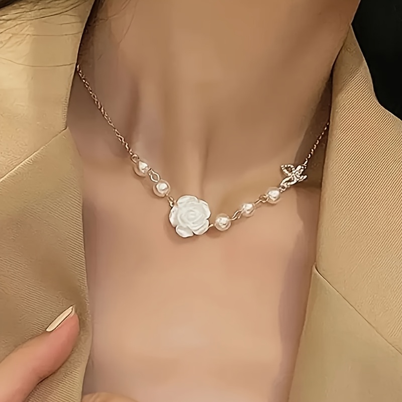 Imitation Pearl Zirconia Bow Collarbone Chain Necklace