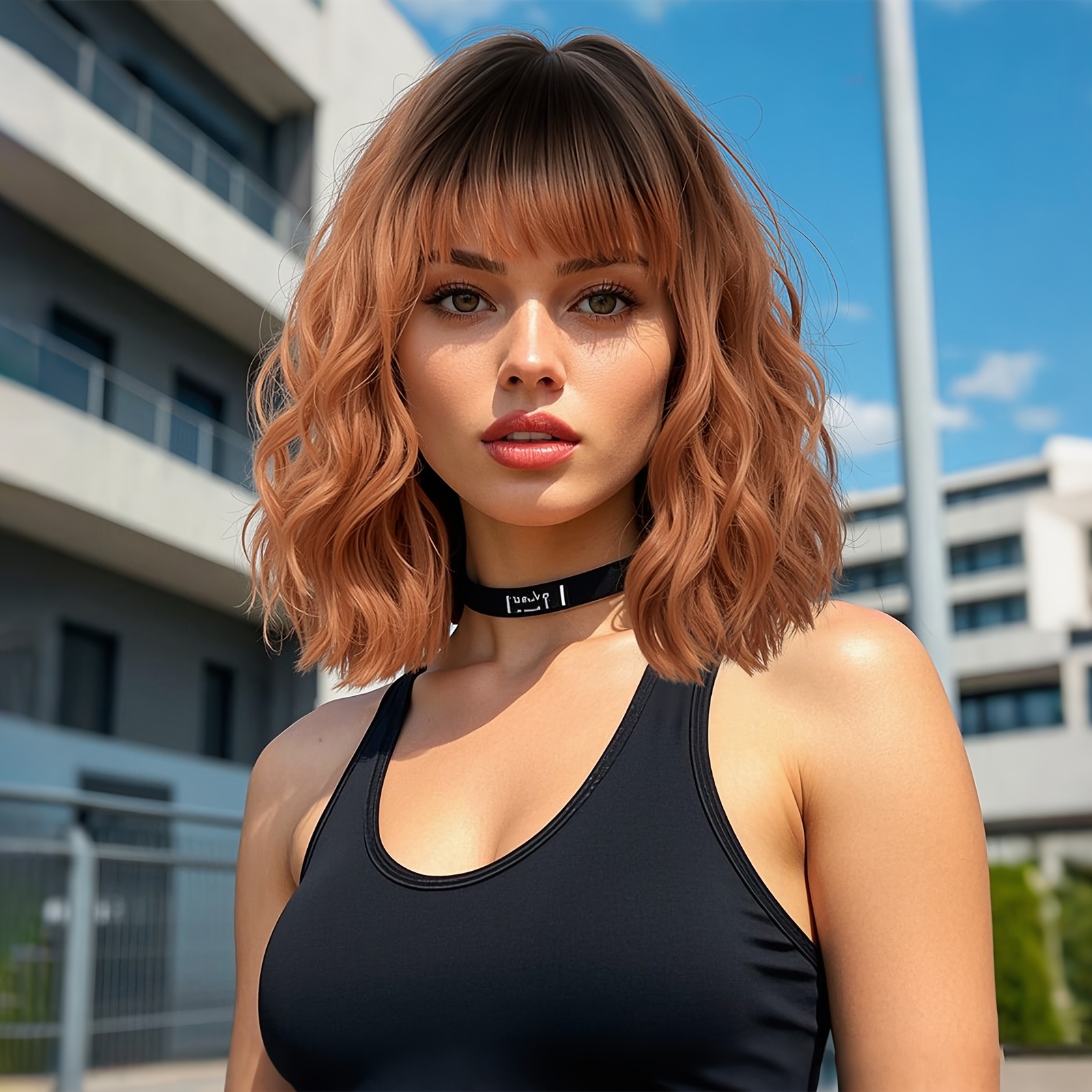 

Ombre Orange Wig Shoulder Length Bob Wig With Bangs Loose Wave Synthetic Wig For Women 16 Inch Music Festival