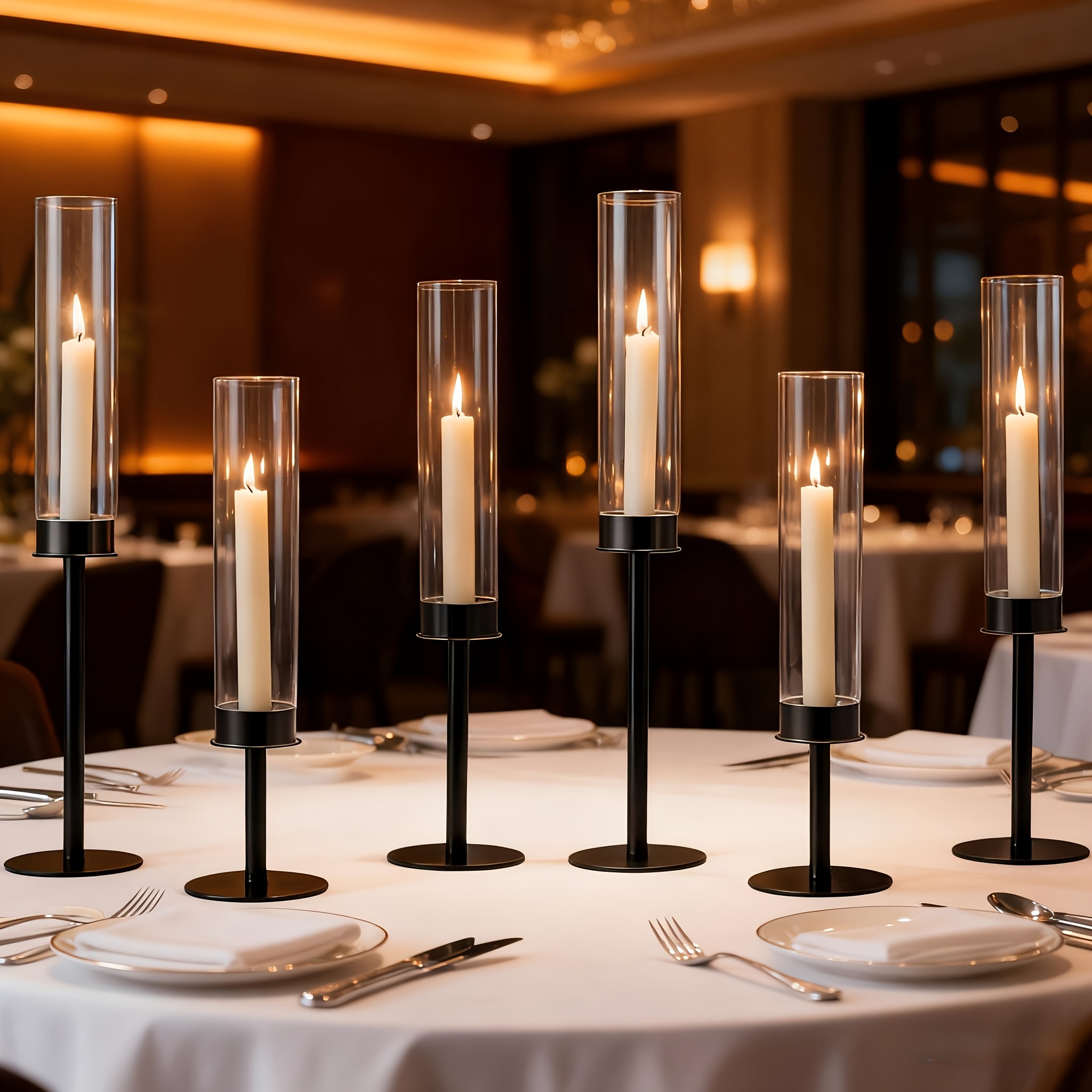 TEMU Black Candlestick Hurricane Candle Holders, 6pcs Candle Holders, Taper Candle Holders With Glass Candle Covers, Suitable For Wedding Table Centerpiece Christmas Decor