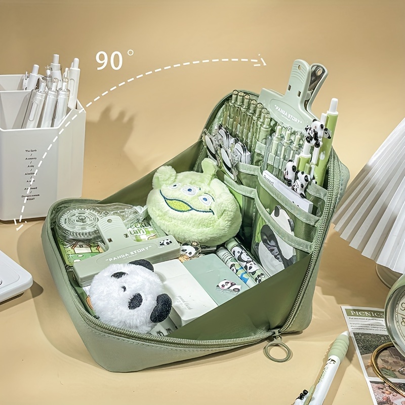 TEMU Green Panda Themed 90-degree Large Opening Pencil Case, Large Capacity Can Hold 100 Pens, Classified Storage, Can Hold Small Notebooks, Suitable For Office, Students And Storage Of Stationery