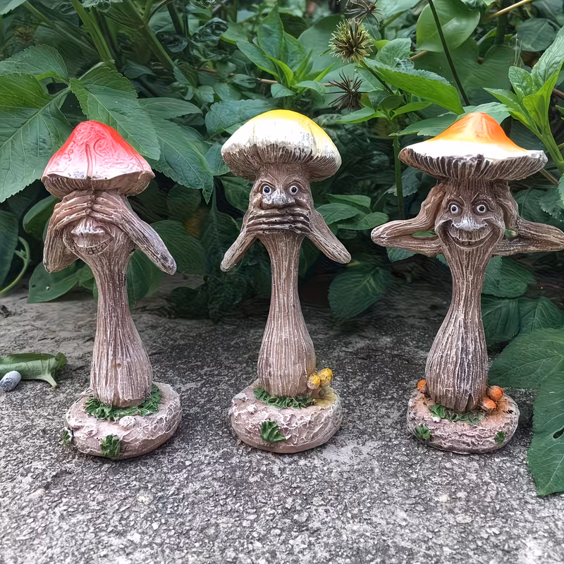 3pcs set of humorous mushroom garden statues see speak clay sculpture ornaments with cute faces outdoor decor courtyards yards lawns unique mothers day gift garden decor 6