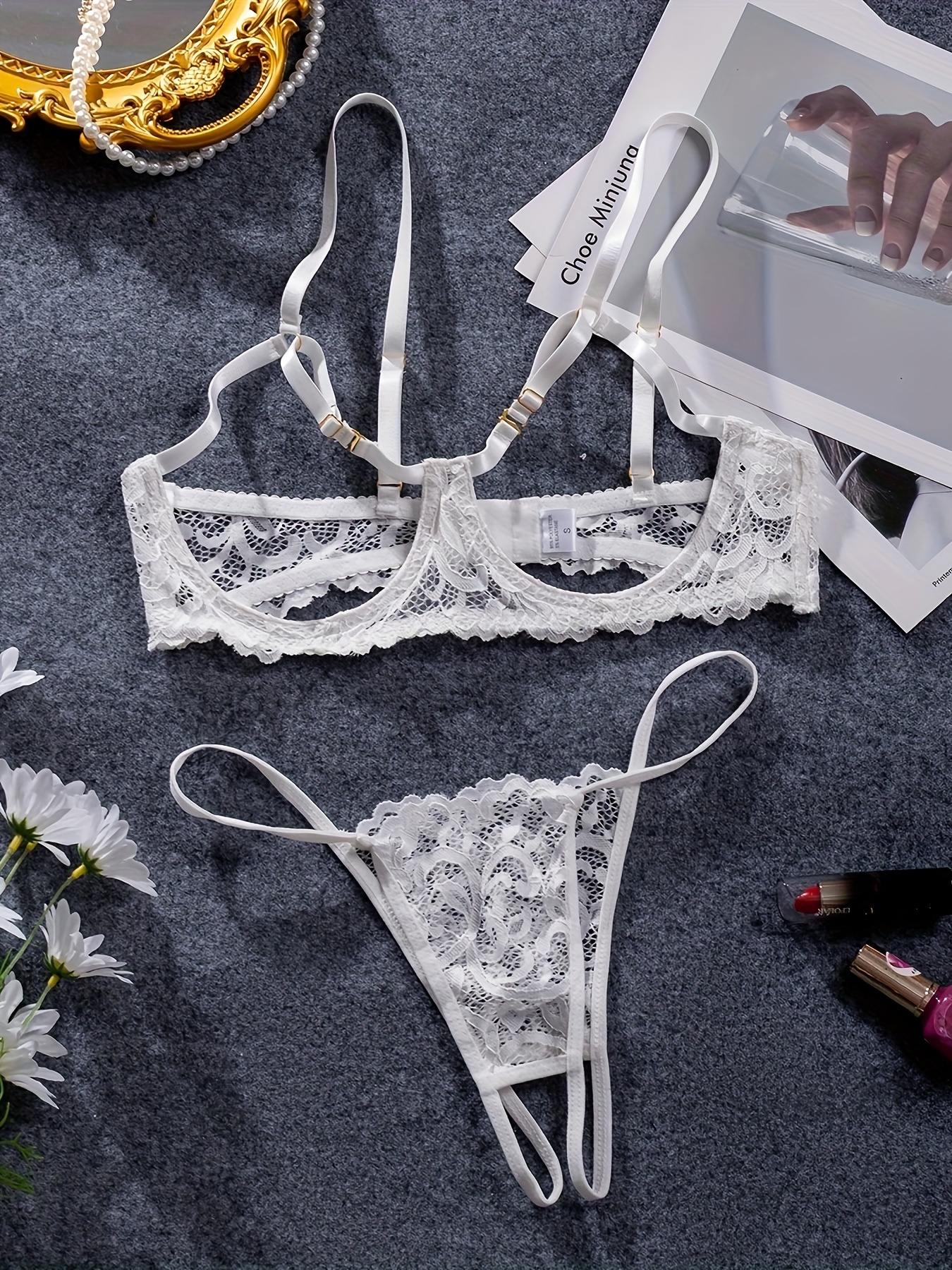 Women Sexy Lace Lingerie Set Cupless Push Up Shelf Bra with G-strings  Underwear
