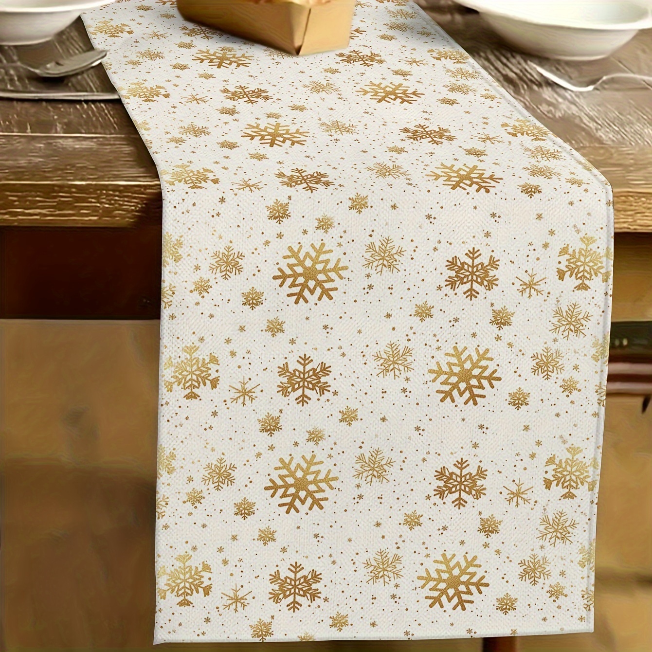 

Christmas Table Runner - 100% Linen Knitted Fabric Rectangle For Holiday Seasonal Decor, Indoor Outdoor Christmas Party Decoration, Vintage Reindeer Design - 1pc
