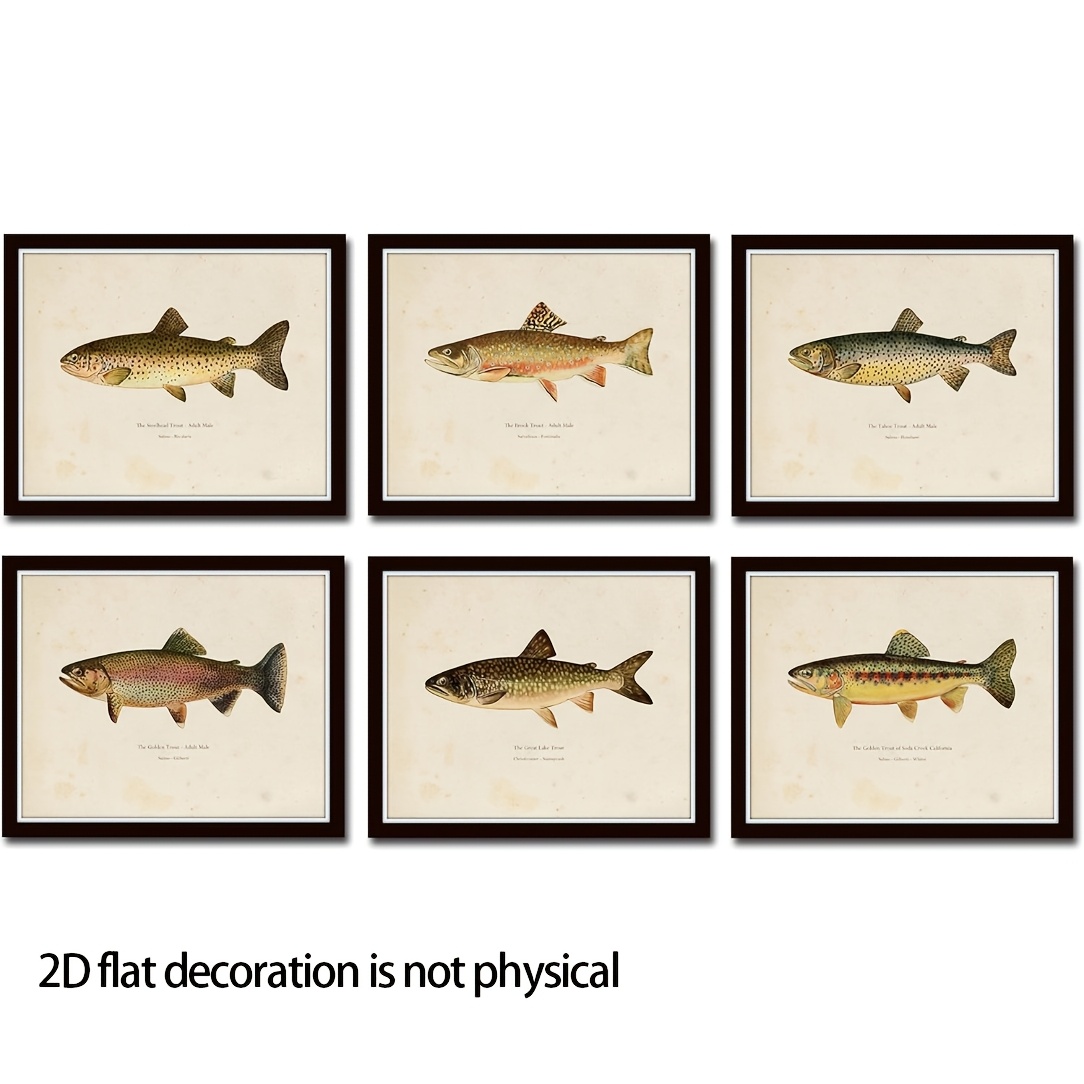 TEMU 2d Flat, 6pcs Suitable For Trout Fishing Decor - Vintage Trout Fish Posters, Frameless Fine Prints, Panel Suitable For, Office, Cabin, Or Gifts,