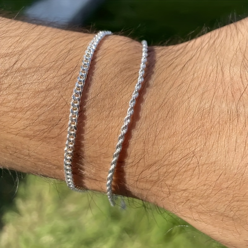 TEMU Stylish 304 Stainless Steel 2pcs Bracelet Set, Cuban Chain + Twist Link Bracelets, Minimalist Fashion Men's Bracelets, Birthday Gift For