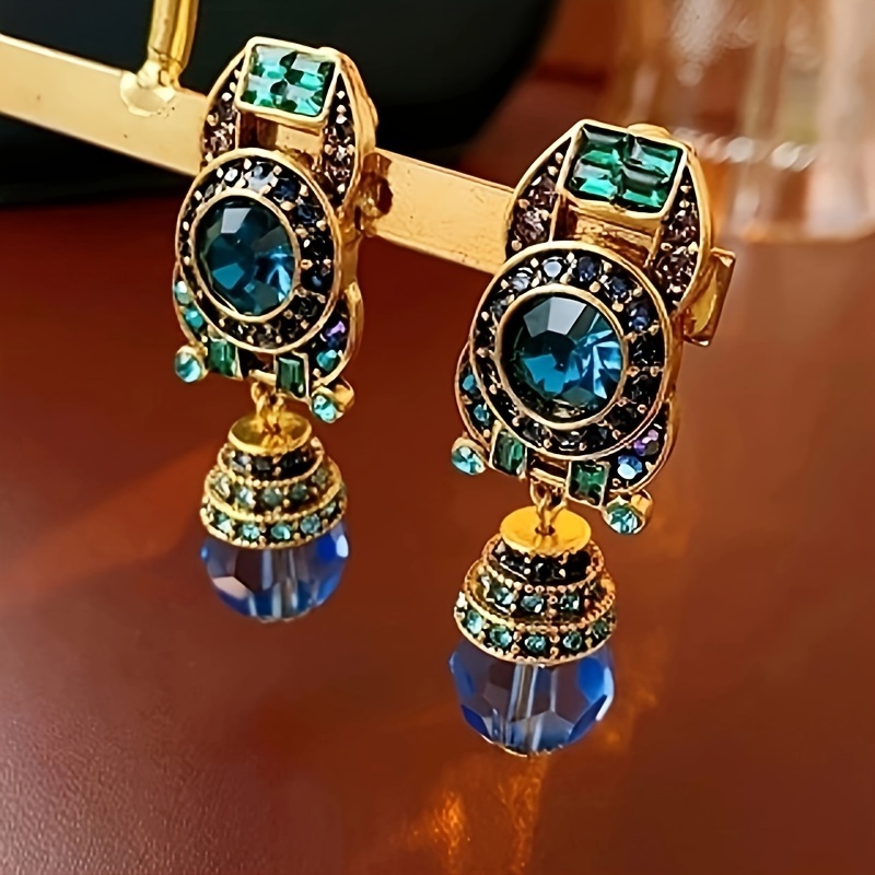 

Exquisite Round Pendant Clip On Earrings Alloy Jewelry Shiny Blue Rhinestones Inlaid Vintage Ethic Style Personality Earrings