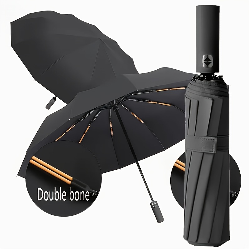 imagen del artículo Paraguas grande automático de apertura y cierre con 8 varillas de doble grosor, diseñado para todo clima, resistente al viento, al sol y a la lluvia. Cuenta con un diseño compacto de tres pliegues disponible en beige, azul y negro.