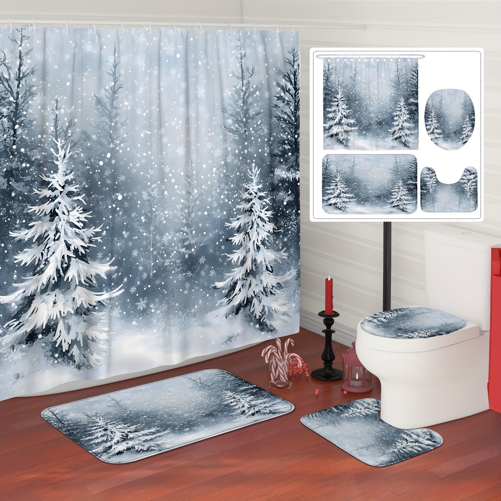 

Christmas Tree Winter Scene And White Shower Curtain Set With Non-slip Bath Mat, U-shaped Toilet Lid Cover, And 12 Hooks - Christmas Bathroom Decor