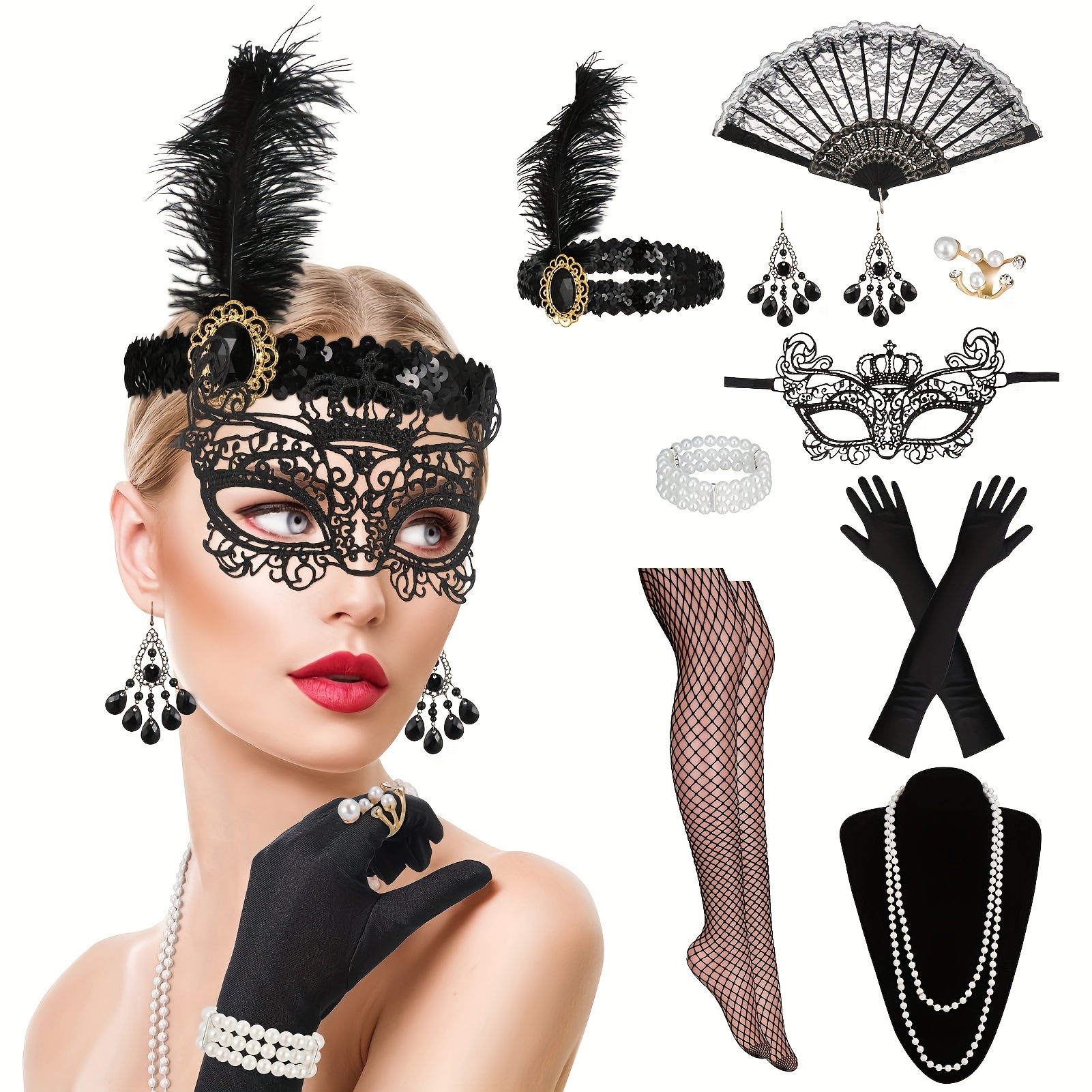 

[top-] 1920s Set For Women - 9pcs Accessories , Gloves, Necklace &