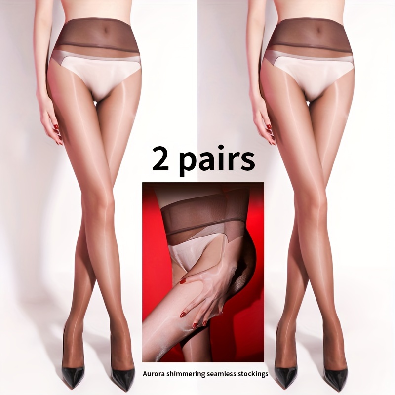 Image of 2-strip Pack Aurora Mesh Waist Seamless Deep Crotch Tights Women'-thin Invisible Oily Leggings Sexy Aurora Stockings Party Prom Tights