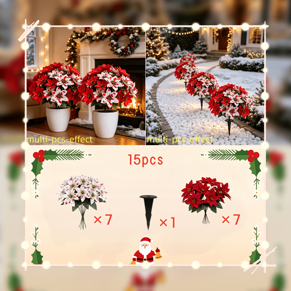 TEMU 15pcs Deluxe Edition Poinsettia Flower Tree, Vibrant And Artificial Flowers, Suitable For Christmas, Halloween, Outdoor Weddings, Home, Indoor