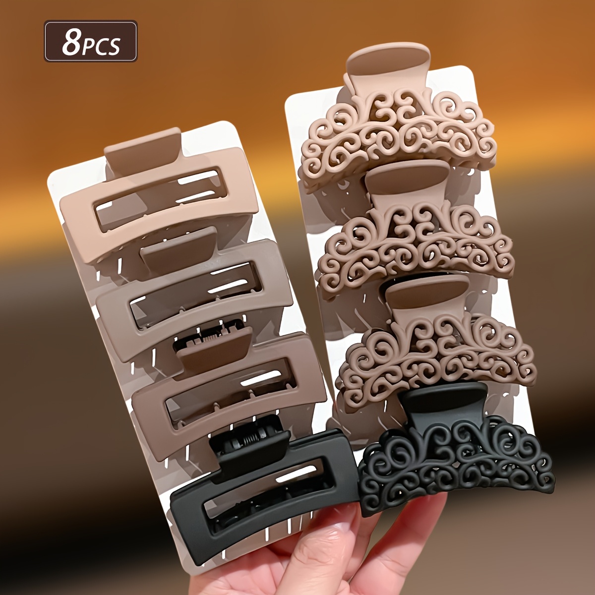 Image of 8pcs Women' Patterned Claw Clips, Medium Brown/black Vintage Minimalist Style Hair Clips, Suitable For Daily Wear, Holiday Wear, And Beach Vacation Wear