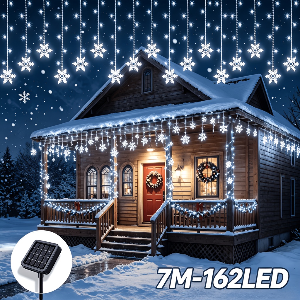 TEMU Luces solares de paleta de helado con copo de nieve navideñas, 96/162 LED, luces colgantes de paleta de helado con copo de nieve, decoración