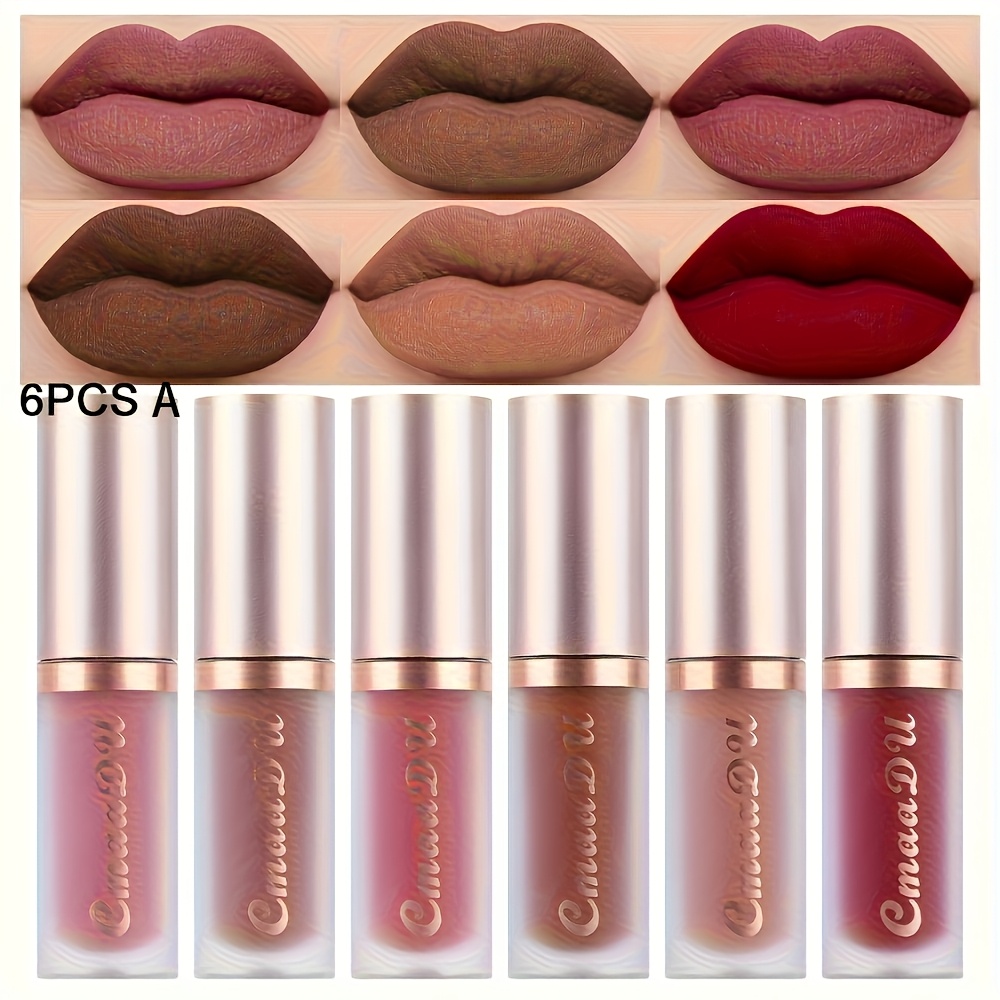 TEMU 6-pack 6-color Matte Velvet Lip Gloss Set, Matte, Long-lasting, Non Stick To Cup, Y Velvet Lipstick, Suitable For Tones Of Women, Perfect Gift