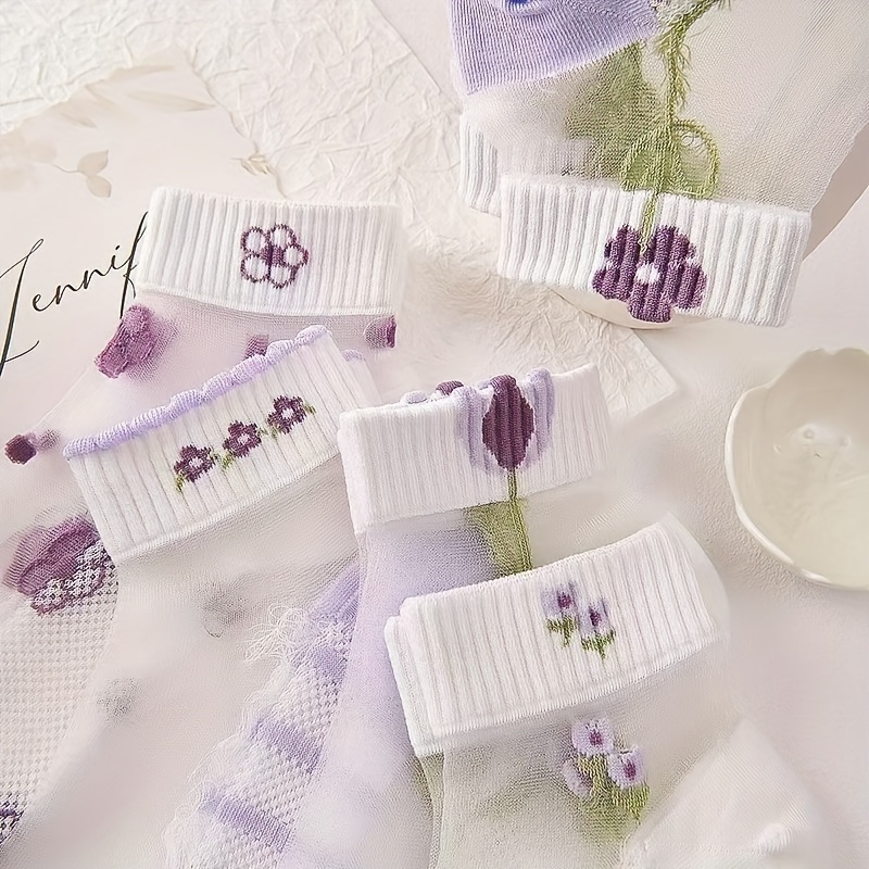 

5 Pairs Purple Floral Socks, Cute Japanese Style Short Socks, Women's Stockings & Hosiery