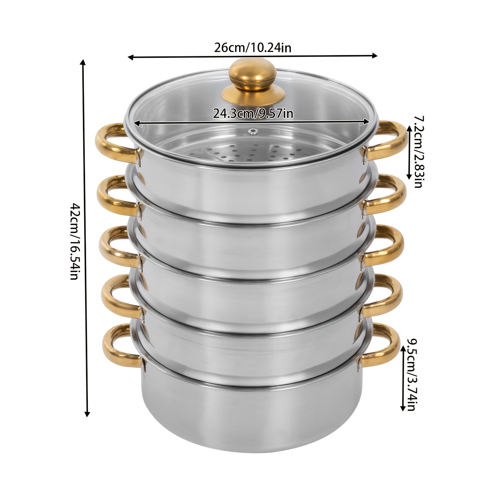 5-tier Stainless Steel Steamer Pot For Cooking - Versatile Steaming Cookware For Home Use (26cm)