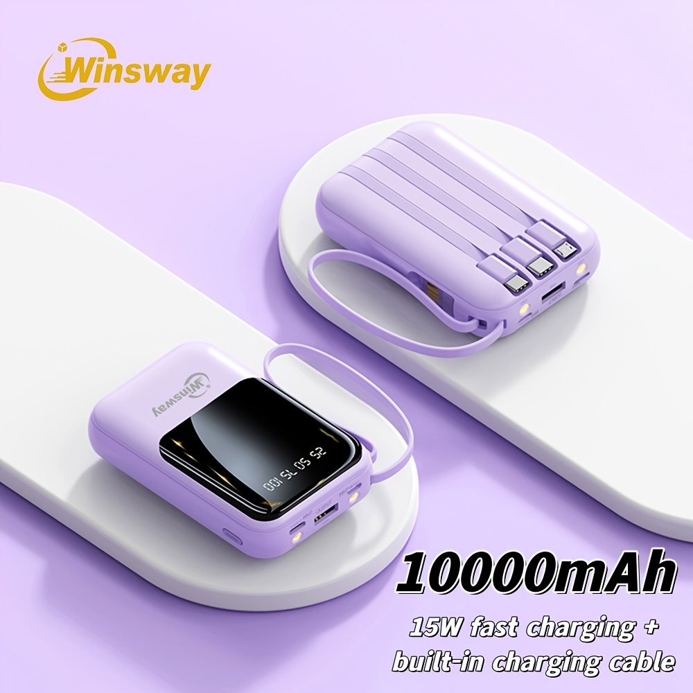 TEMU Winsway 10000mah Portable Lanyard Charger -fast Charging Power Bank With Led Display Lighting, Built-in Cable, 4-in-1 Usb C/type-c Input/output,