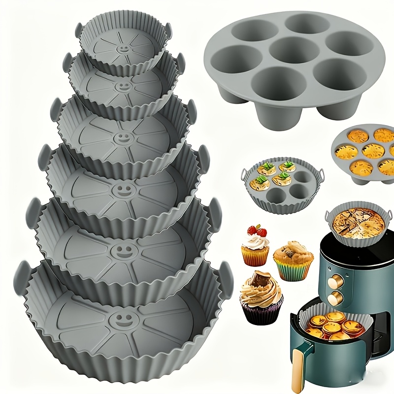 7pcs Air Fryer Baking Set: 6pcs Liners () And 1pc 7-hole Cake Mold - Scalloped Edges, Easy Clean And Reusable - Perfect For Air Fryer, Oven And Microwave - Kitchen Essential