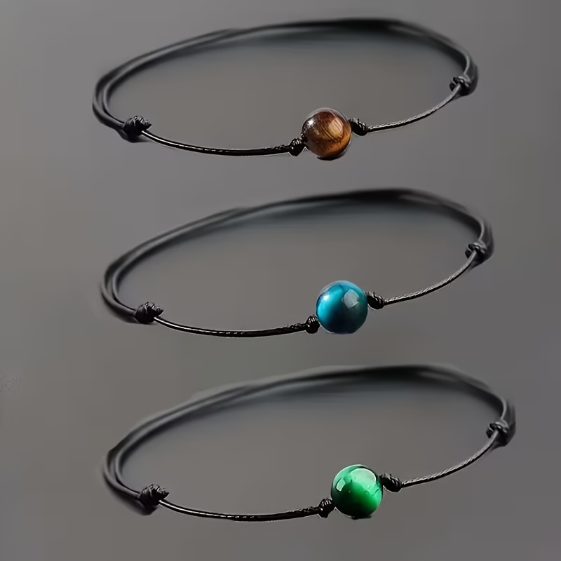 TEMU Men And Women Unisex 8mm Natural Eye Stone Bracelet 3pcs Set - Adjustable Black Rope Band, Marble Vein Eye Effect, Bohemian Style Neutral Casual