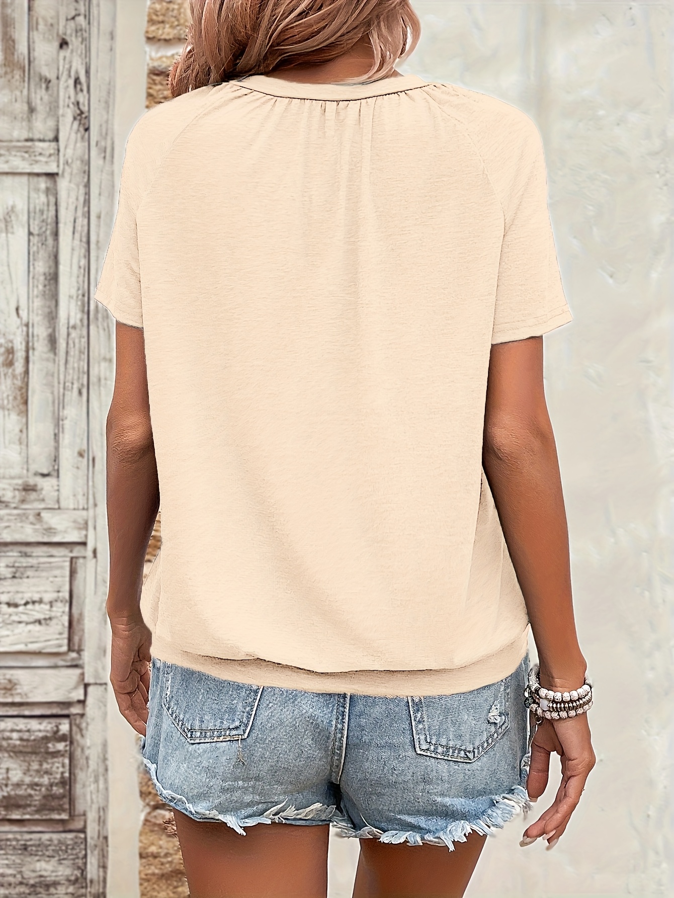 Solid Color V Neck T-Shirt, Casual Short Sleeve T-Shirt For Spring & Summer, Women's Clothing
