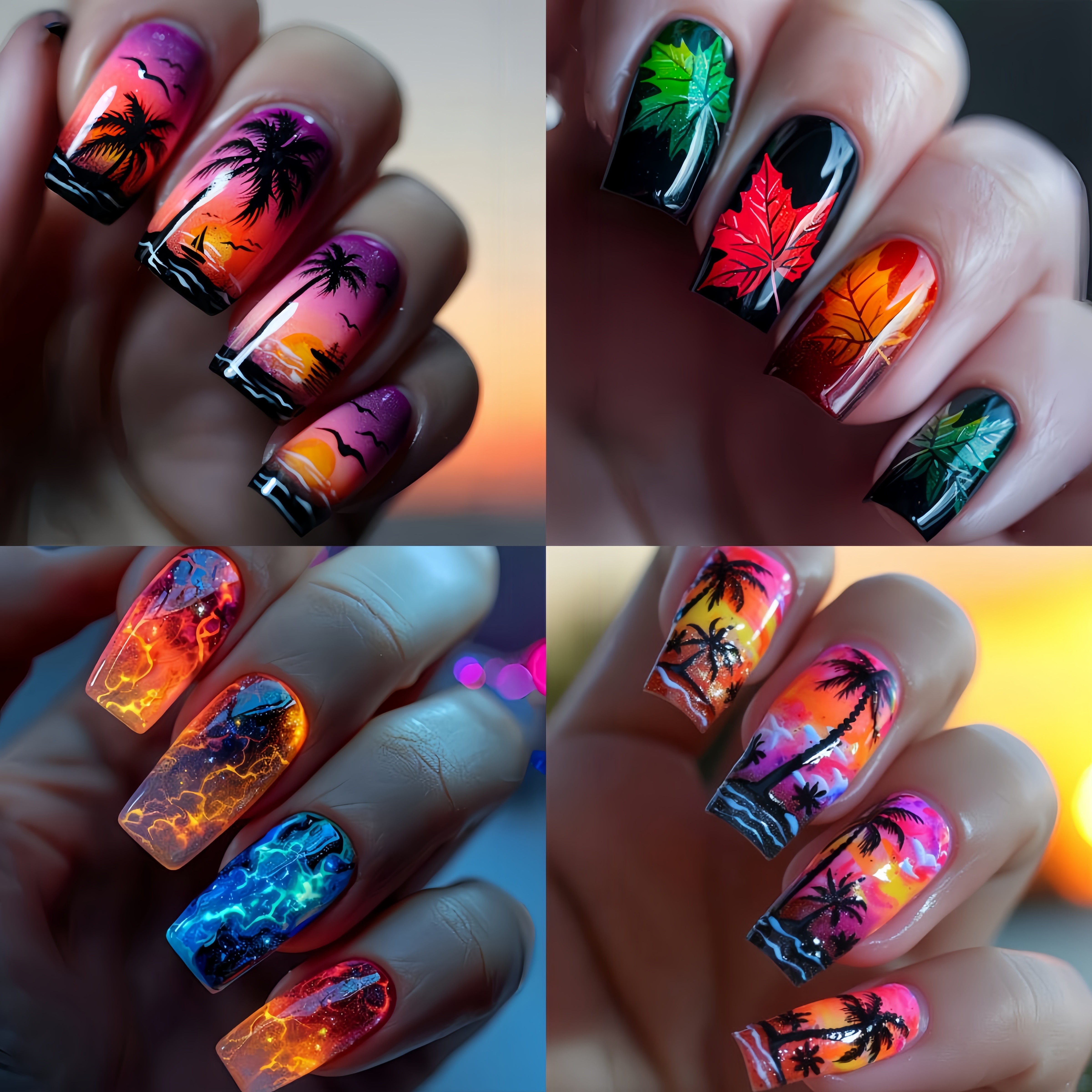 

96pcs Press-on False Combination Set Lightning Gradient Ocean Palm Tree Dark Color False Combination Set 96pcs False Set Removable Nail Art