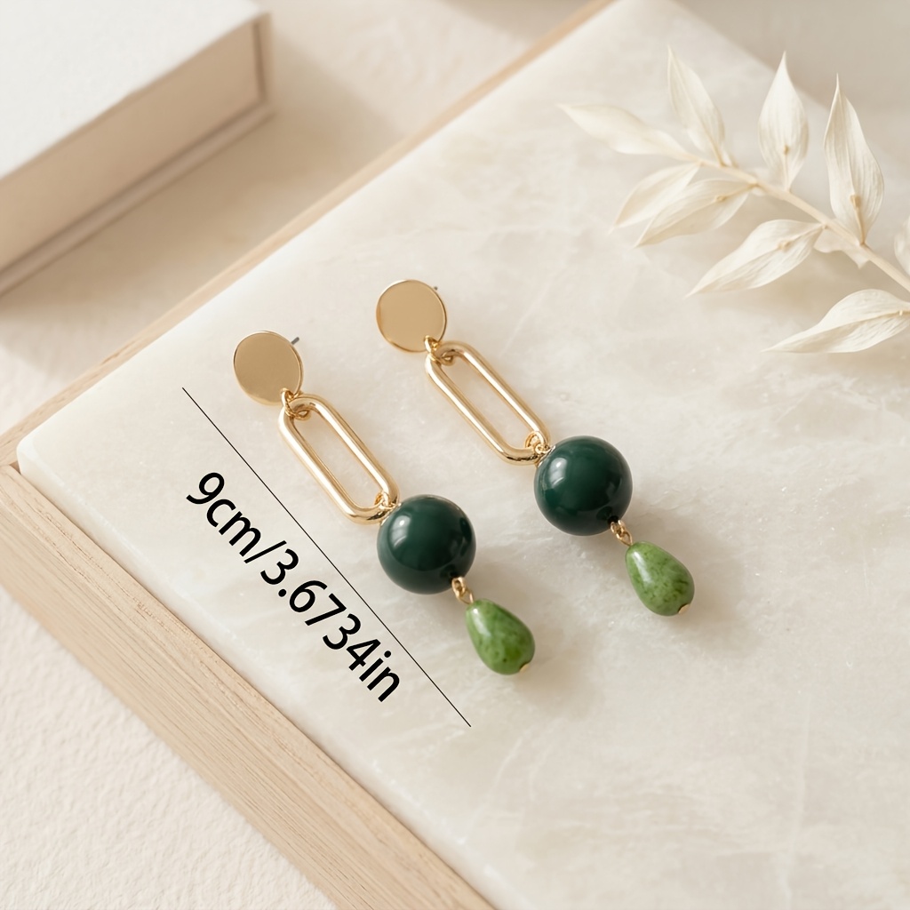Women's Long Pendant Earrings with Dark Green Bead and Chain