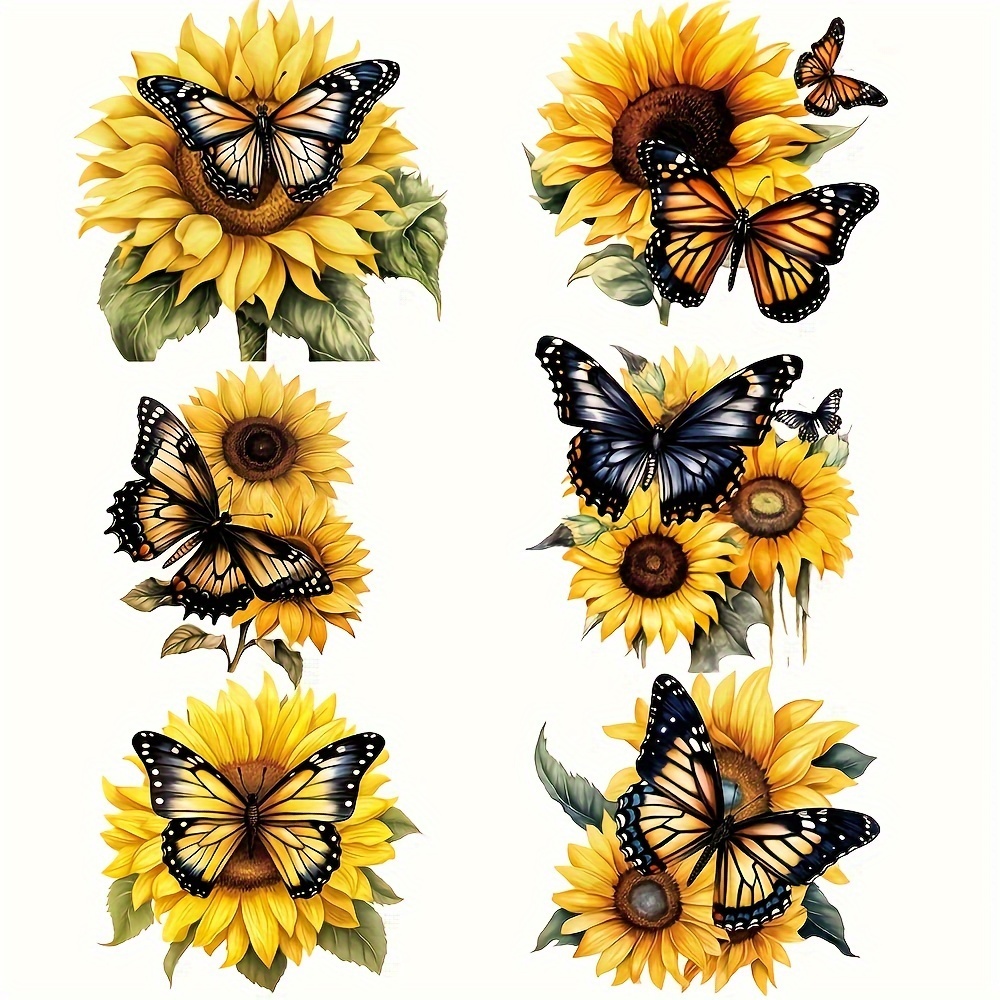 

6pcs Sunflower & Iron-on Heat Transfer Decals - Diy Washable Vinyl Patches For Clothing, Bags & Hats