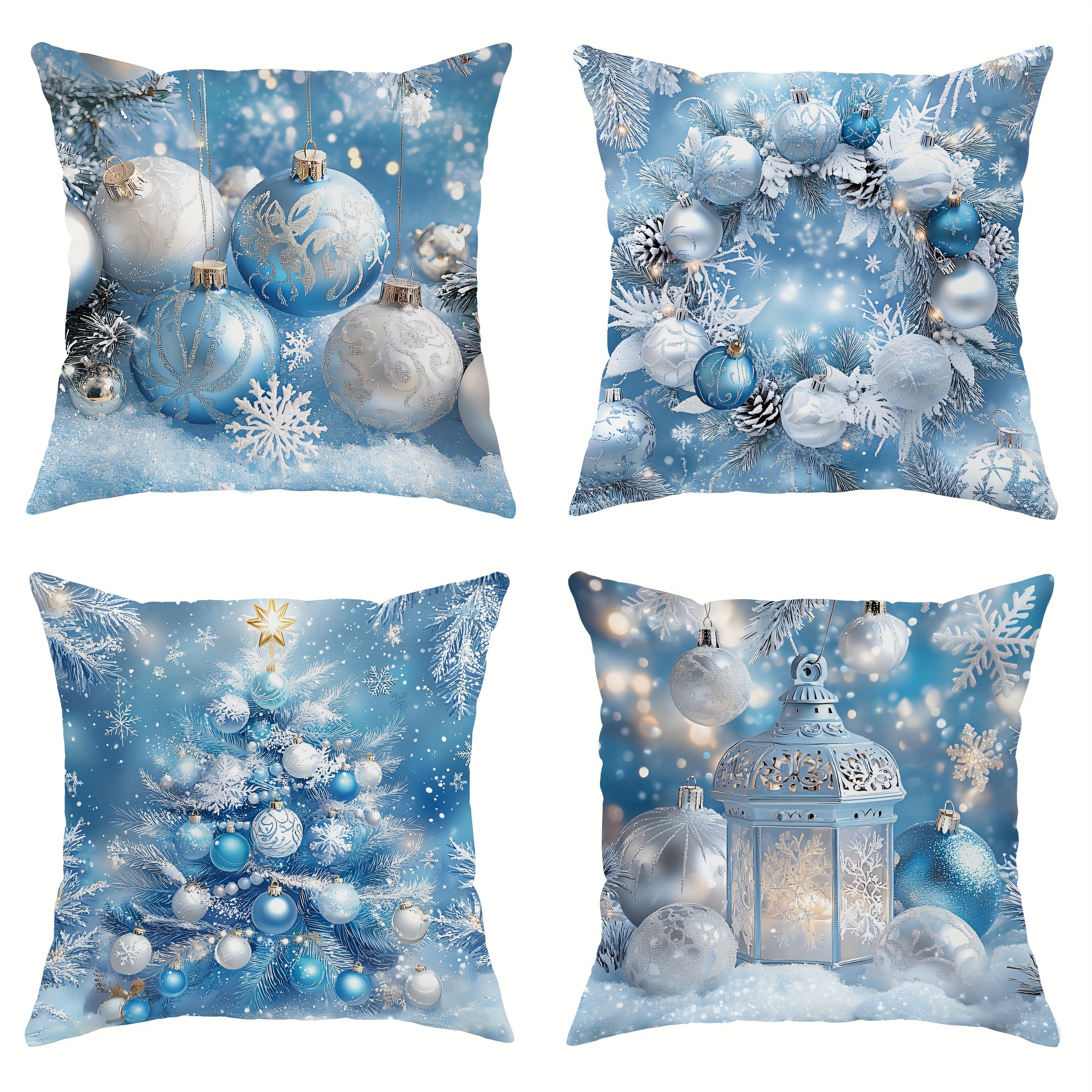 

Luxury Blue & Silvery Velvet Christmas Throw Pillow Covers - 4pcs Set, Soft & Cosy Decorative Cushion Cases For Sofa, Bed, And Living Room, 18x18 Inches, Zip Closure, Machine Washable, Christmas Decor