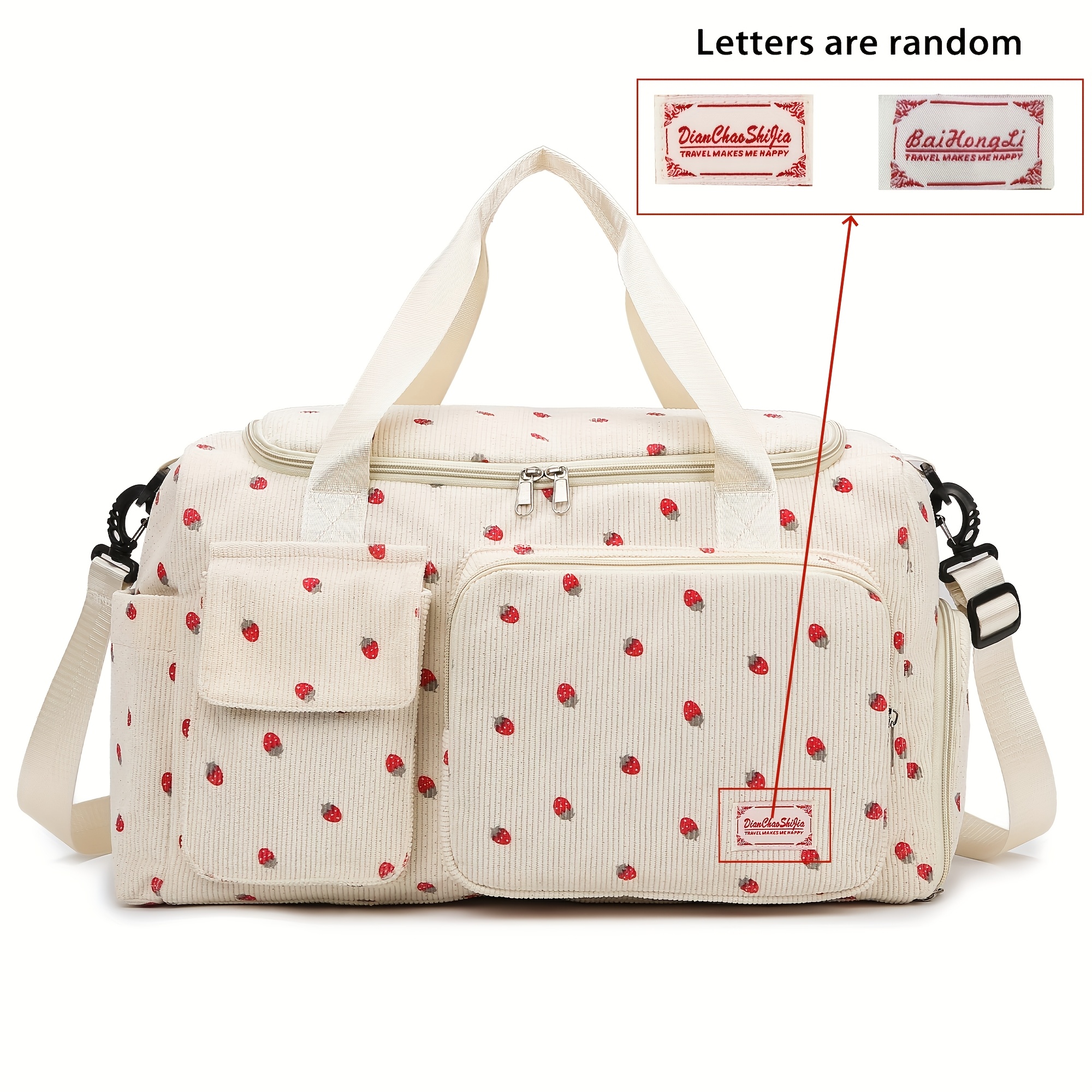 1pc Chic Large-capacity Corduroy Travel Bag With Delicate Strawberry Pattern, Equipped With Wet/dry And Independent Shoe Compartment - Perfect For Occasions Including Vacation, School, And Fitness