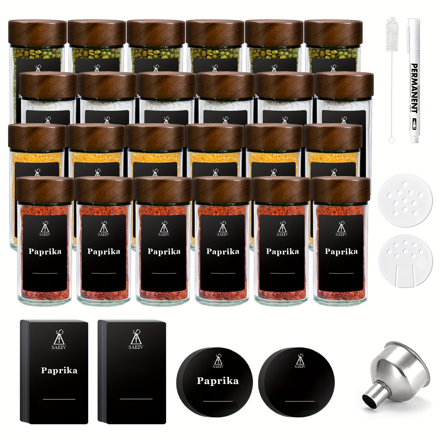 TEMU 12/24 Round Spice Jars, 100ml Spice Jars With Acacia Lids, Shaker Lids, Stylish Black Pre-printed Labels And Stainless Steel Funnel, Kitchen