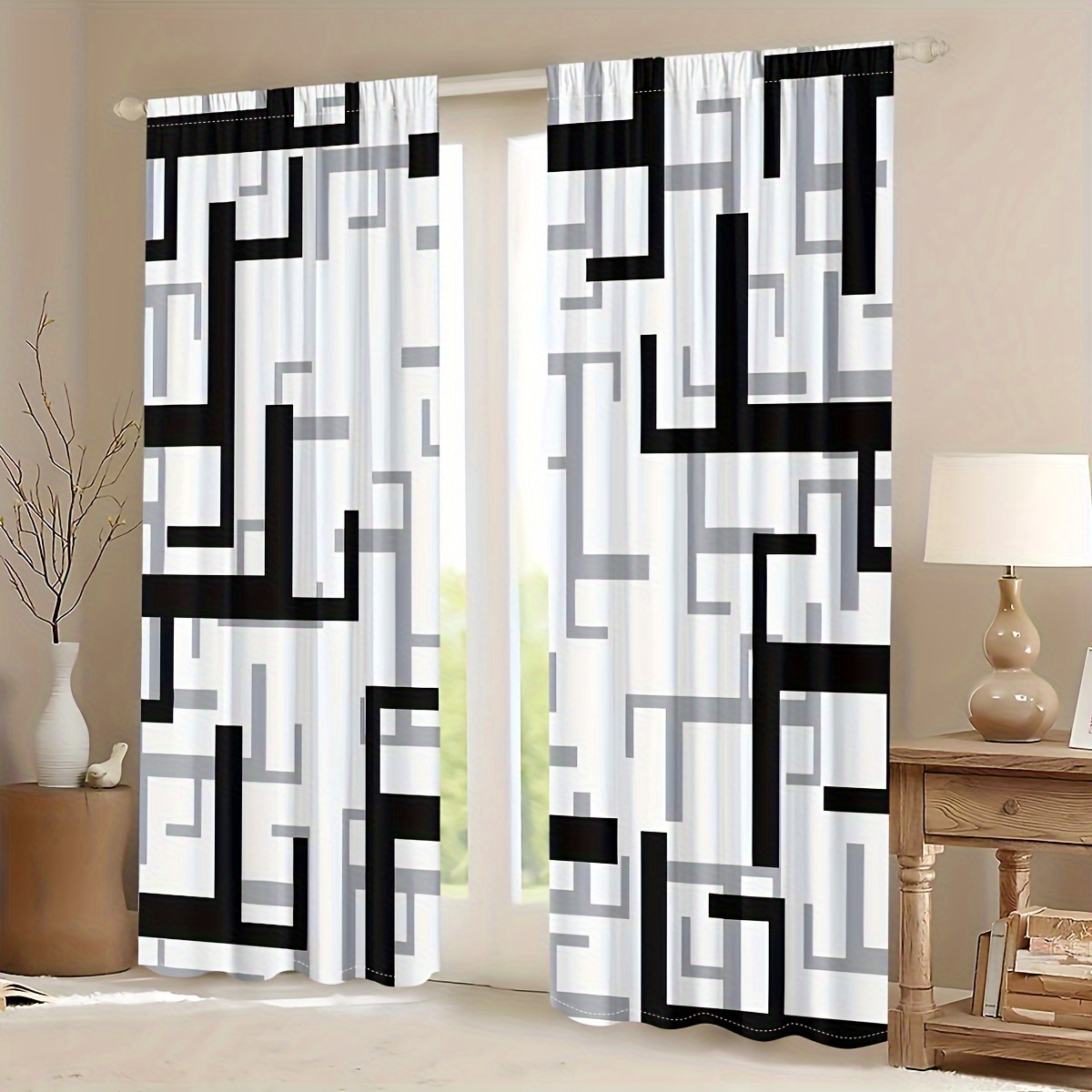 Image of 2pcs, Abstract Black And White Geometric Square Digital Printed Living Room Decorative Curtains, Translucent Privacy Curtains For Bedroom And Living Room