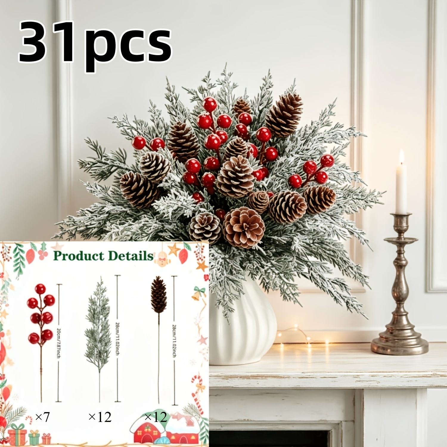 TEMU 31 pezzi Nuovo Arrangiamento Artificiale Natalizio - di pino in plastica, rosse con rami di pino di Norfolk, Set per ghirlande/decorazioni per