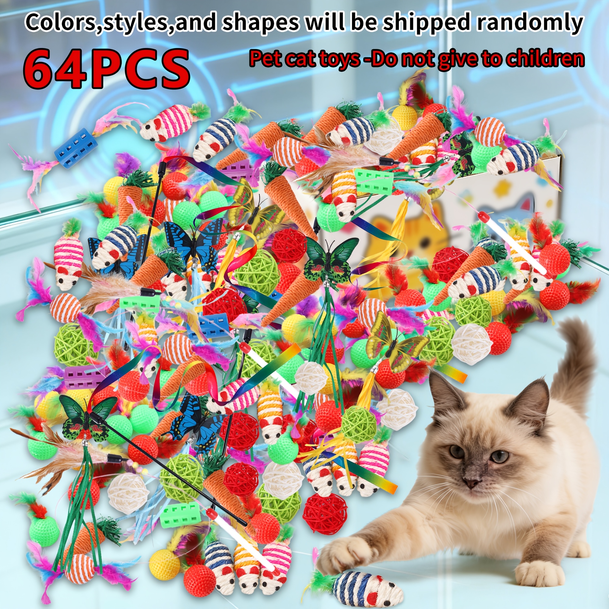 E-shop 64 Stück/24 Stück/12 Stück Katzenspielzeug-Set mit Kunstfedern, geeignet für mehrere Katzen zum Spielen gegen Langeweile, ohne Batterien